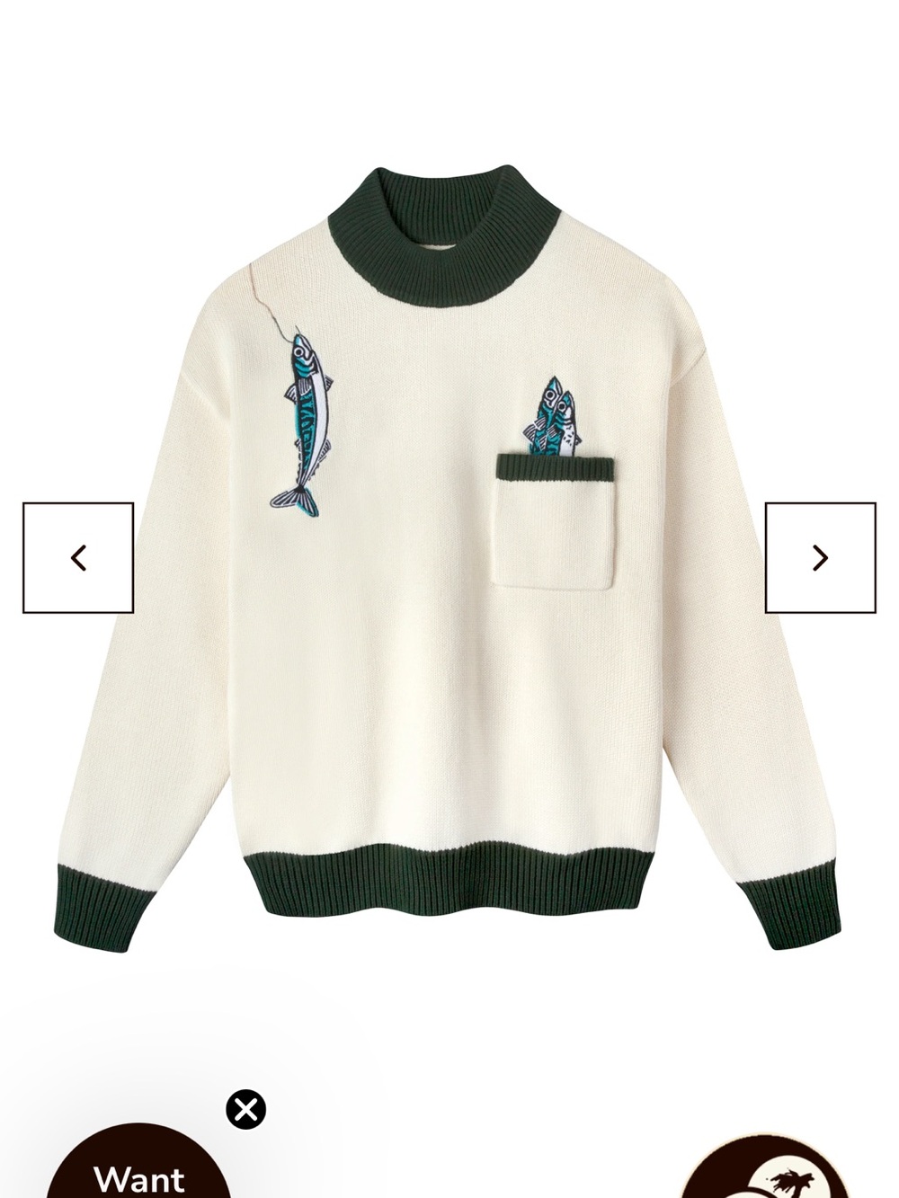 Cream Crewneck Sweater with Dark Green Trim and Fish Embroidery